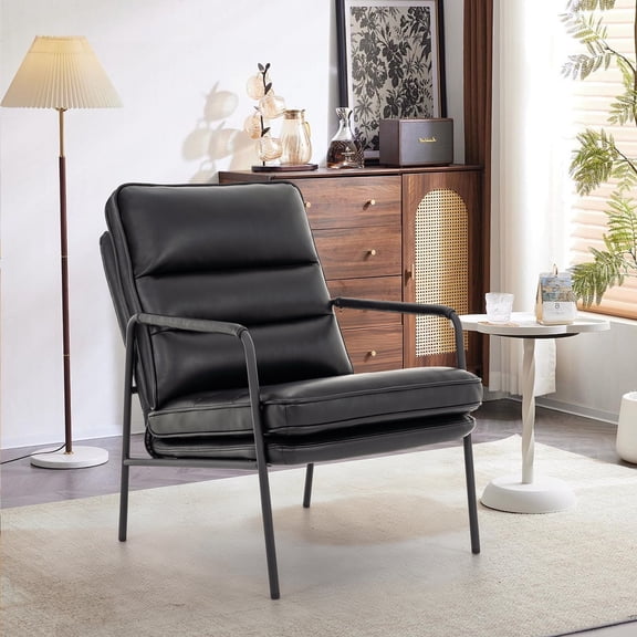 Black PU Leather Accent Chair, Mid Century High Backrest & Upholstered Lounge Chair For Living Room Bedroom Office Reading