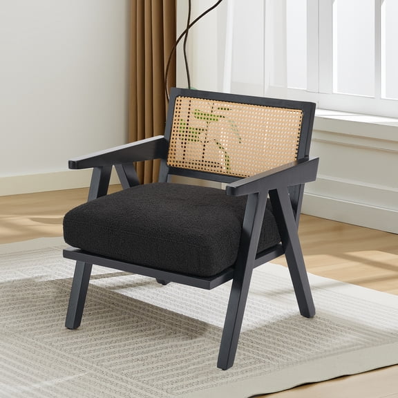 Mid-Century Modern Accent Chair with Rattan Backrest – Soft Upholstered Linen or Suede Cushion, Wood Frame, Comfortable Lounge Armchair for Living Room, Bedroom & Office, Easy Assembly
