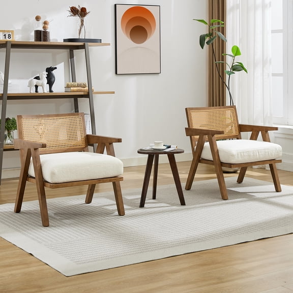 Mid Century Modern Accent Chair with Rattan Backrest & Thick Linen Cushion,Wood Frame, Upholstered Living Room Chairs Reading Armchair for Bedroom Sunroom