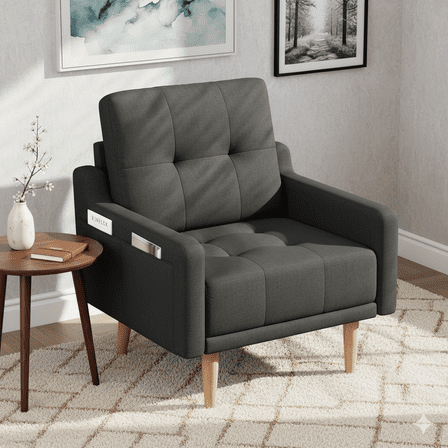 Mid Century Modern Accent Chair Reading Chair with Wood Legs, Upholstered Armchair Fabric Single Sofa Chair for Living Room & Bedroom (Black)