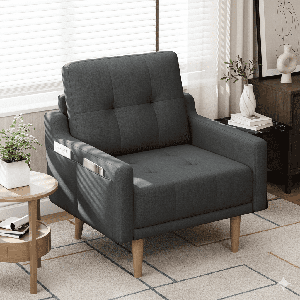 Mid Century Modern Accent Chair Reading Chair with Wood Legs, Upholstered Armchair Fabric Single Sofa Chair for Living Room & Bedroom (Dark Gray)