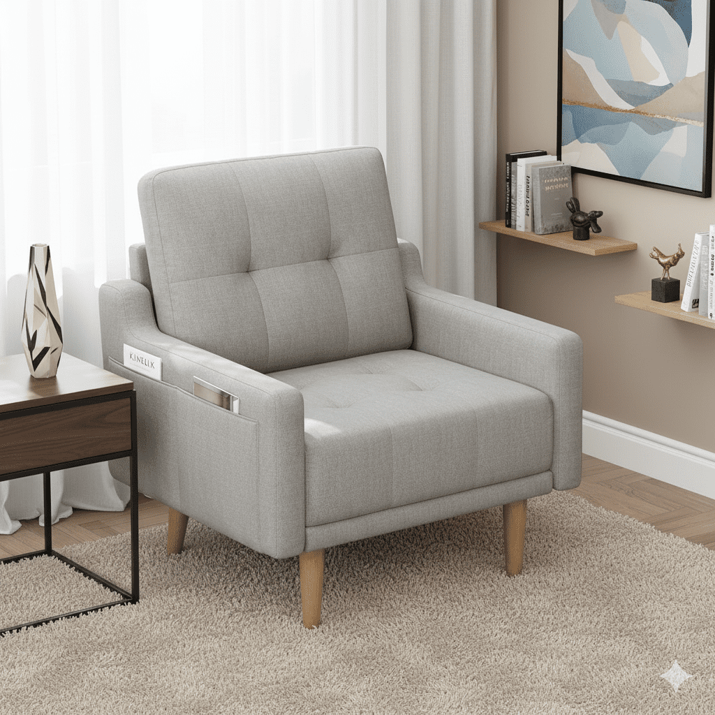 Mid Century Modern Accent Chair Reading Chair with Wood Legs, Upholstered Armchair Fabric Single Sofa Chair for Living Room & Bedroom (Light Gray)