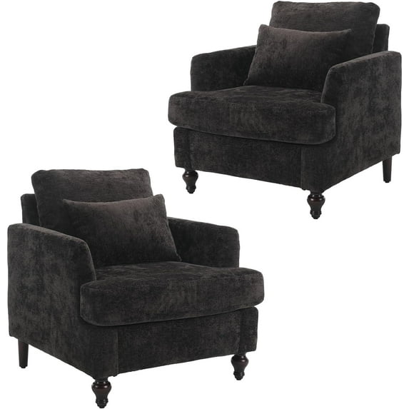 Mid Century Modern Accent Chair Set of 2, Black Single Sofa Chair, Chenille Upholstered Arm Chair with Cushion Back, Pillow, Comfy Lounge Chair for Living Room, Bedroom, Office, Hotel, Black