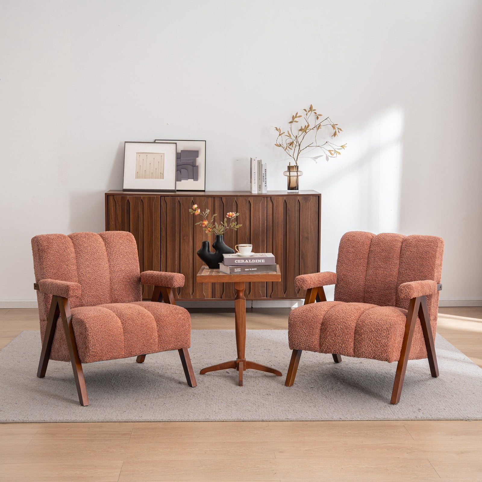 Mid-Century Modern Accent Chair Set of 2, Cloud-Shaped Chenille Lounge Armchair with Solid Oak Wood Frame, Upholstered Reading Chair for Living Room Bedroom Balcony, Rust Red