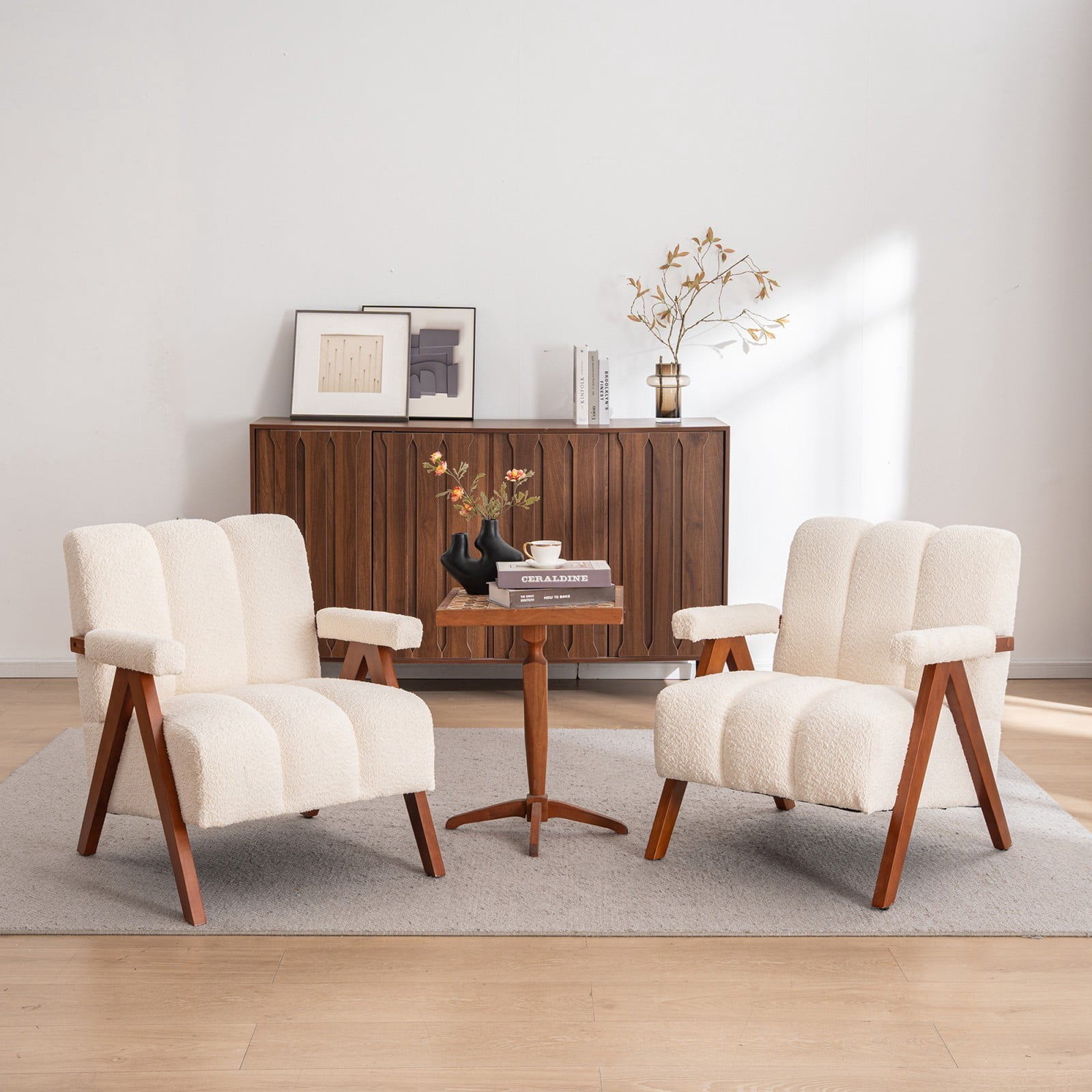 Mid-Century Modern Accent Chair Set of 2, Cloud-Shaped Chenille Lounge Armchair with Solid Oak Wood Frame, Upholstered Reading Chair for Living Room Bedroom Balcony, Beige