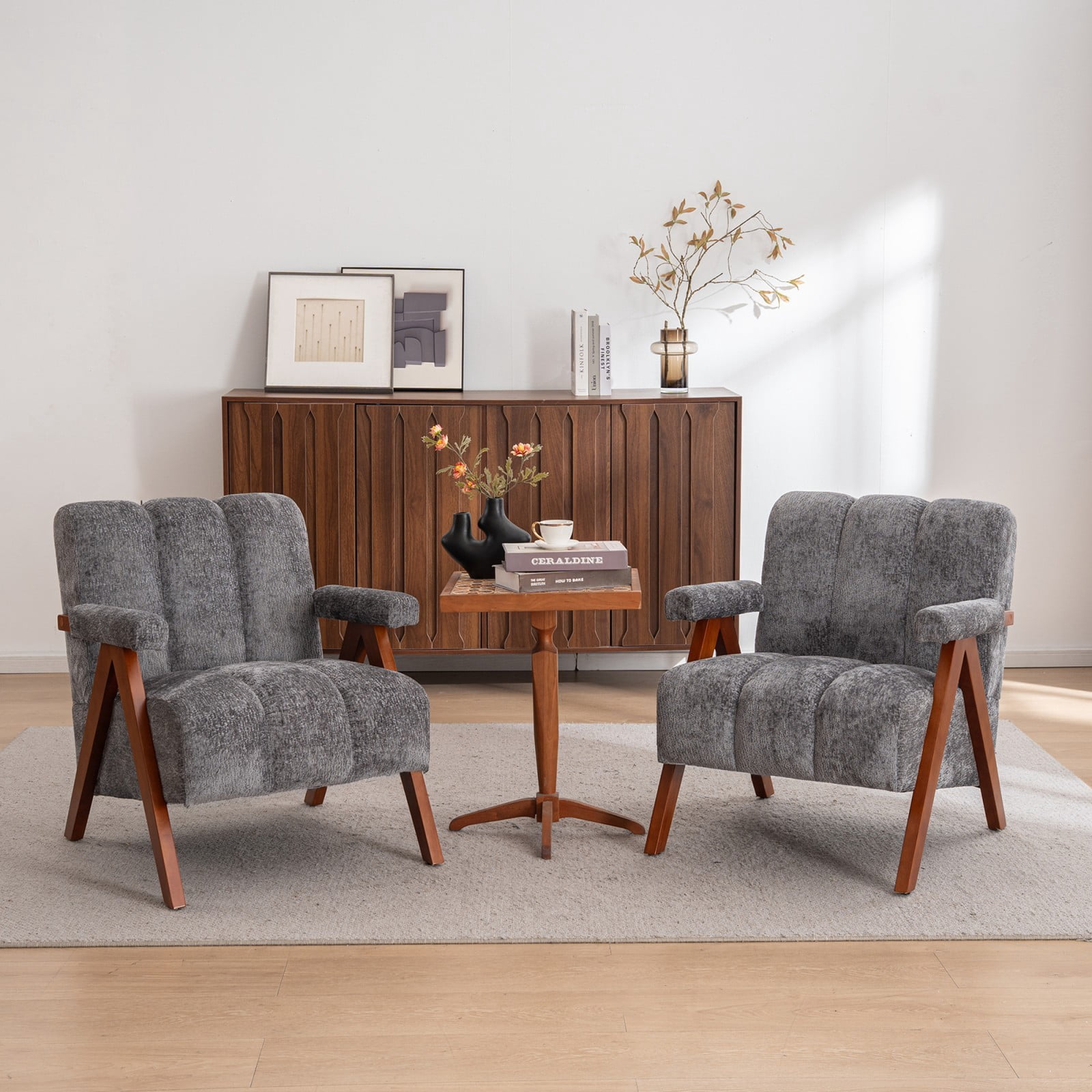 Mid-Century Modern Accent Chair Set of 2, Cloud-Shaped Chenille Lounge Armchair with Solid Oak Wood Frame, Upholstered Reading Chair for Living Room Bedroom Balcony, Gray