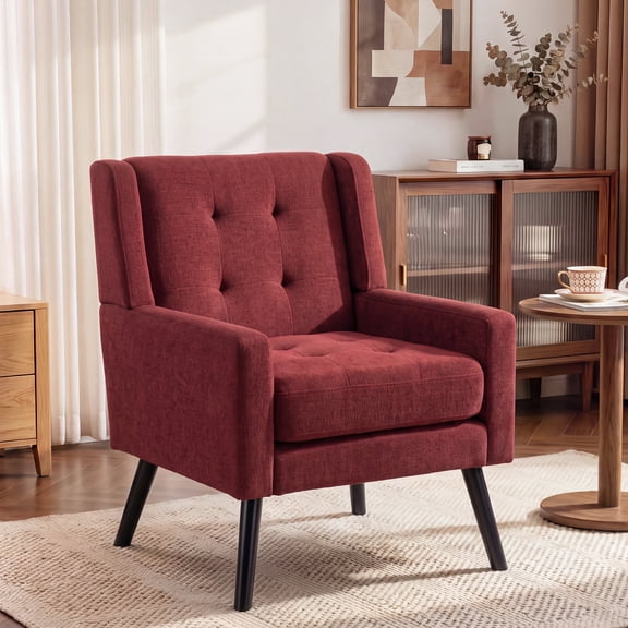 Wansaly Mid-Century Linen Upholstered Accent Chair, Modern Armchair Living Room Chairs, Red