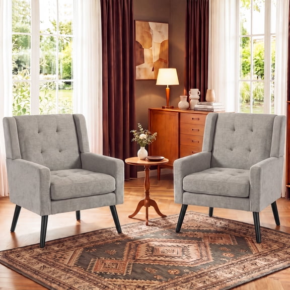Wansaly Modern Tufted Accent Chairs Set of 2, Linen Upholstered Armchairs with Solid Wood Legs, Light Gray, for Living Room, Bedroom, Office