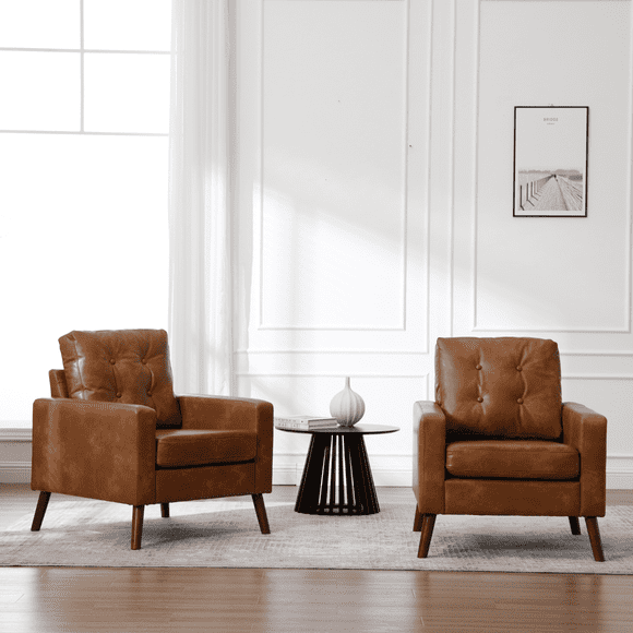 Mid Century Modern Accent Chair Set of 2,Faux Leather Button Tufted Club Chair with Arms, Upholstered Living Room Armchair, Brown