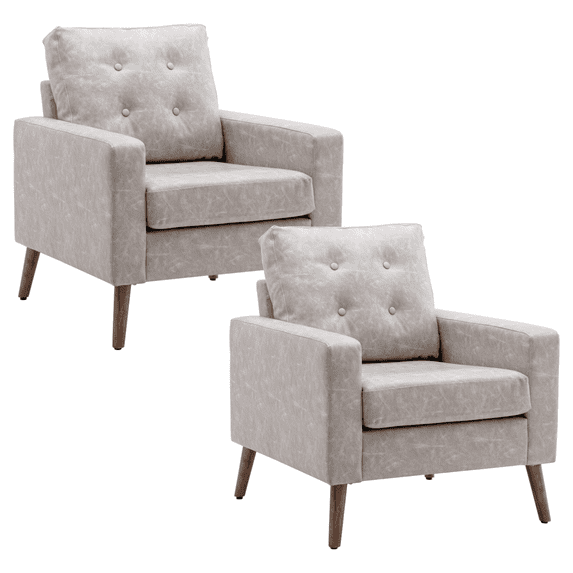 Mid Century Modern Accent Chair Set of 2,Faux Leather Button Tufted Club Chair with Arms, Upholstered Living Room Armchair, Grey