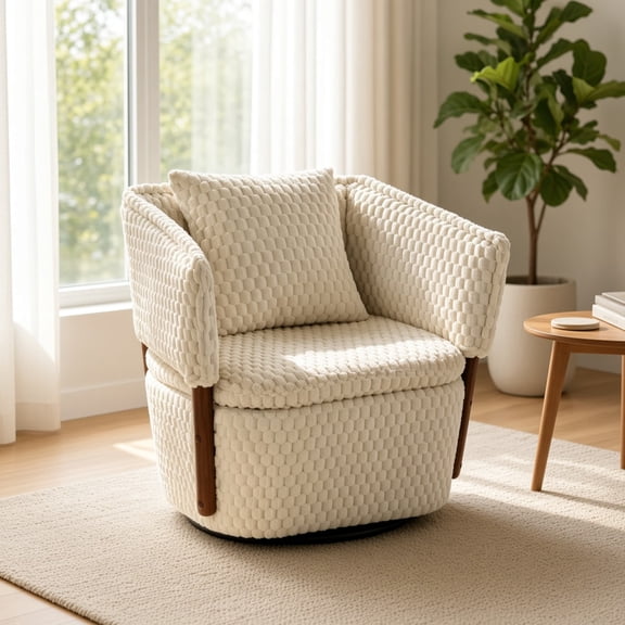 Mid Century Modern Accent Chair with Solid Wood Frame, Upholstered, Swivel Chairs with Storage for Living Room Chairs with Waist Cushion, Reading Armchair for Bedroom Sunroom,Antique White