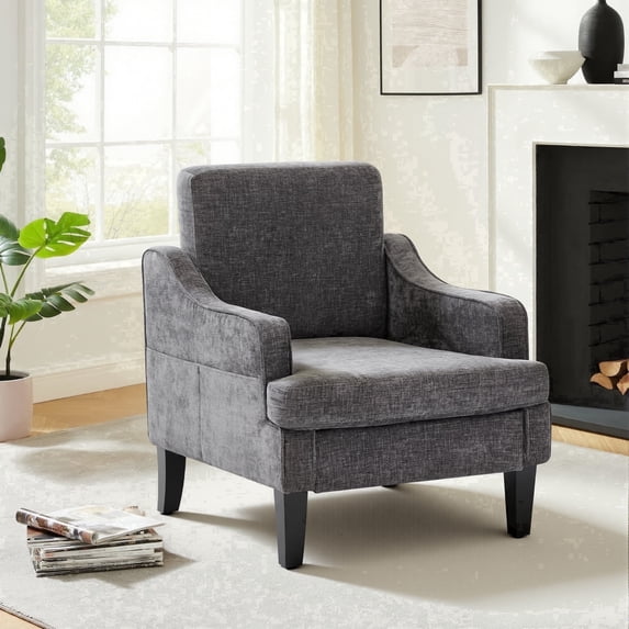 Mid Century Modern Dark Grey Chenille Fabric Accent Chair with Wood Legs