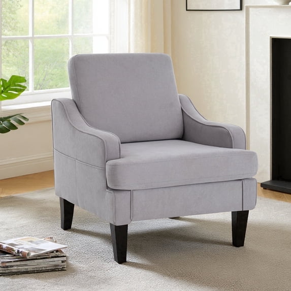 Mid Century Modern Upholstered Accent Chair with Armrests and Side Pocket, Chenille Fabric, Solid Wood Legs, Comfy Reading Seat for Living Room, Bedroom, Grey