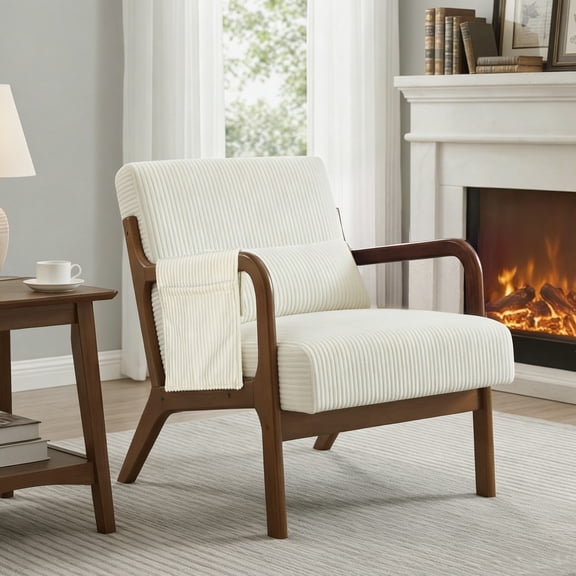Mid Century Modern Accent Chair, Upholstered Comfy Armchair with Lumbar Pillow, Solid Wood Frame, Comfy Reading Chair for Living Room, Beige