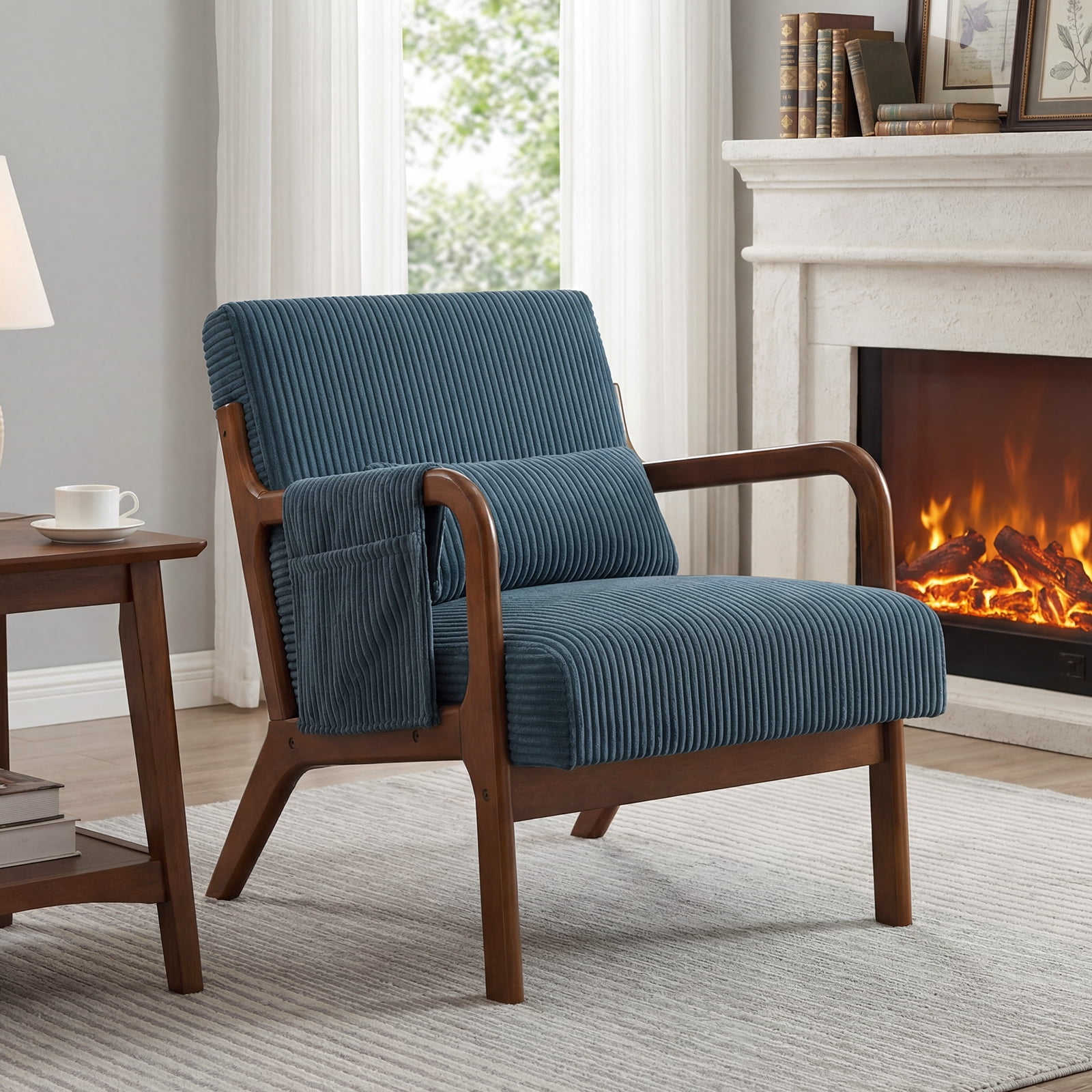 Mid Century Modern Accent Chair, Upholstered Comfy Armchair with Lumbar Pillow, Solid Wood Frame, Comfy Reading Chair for Living Room, Blue