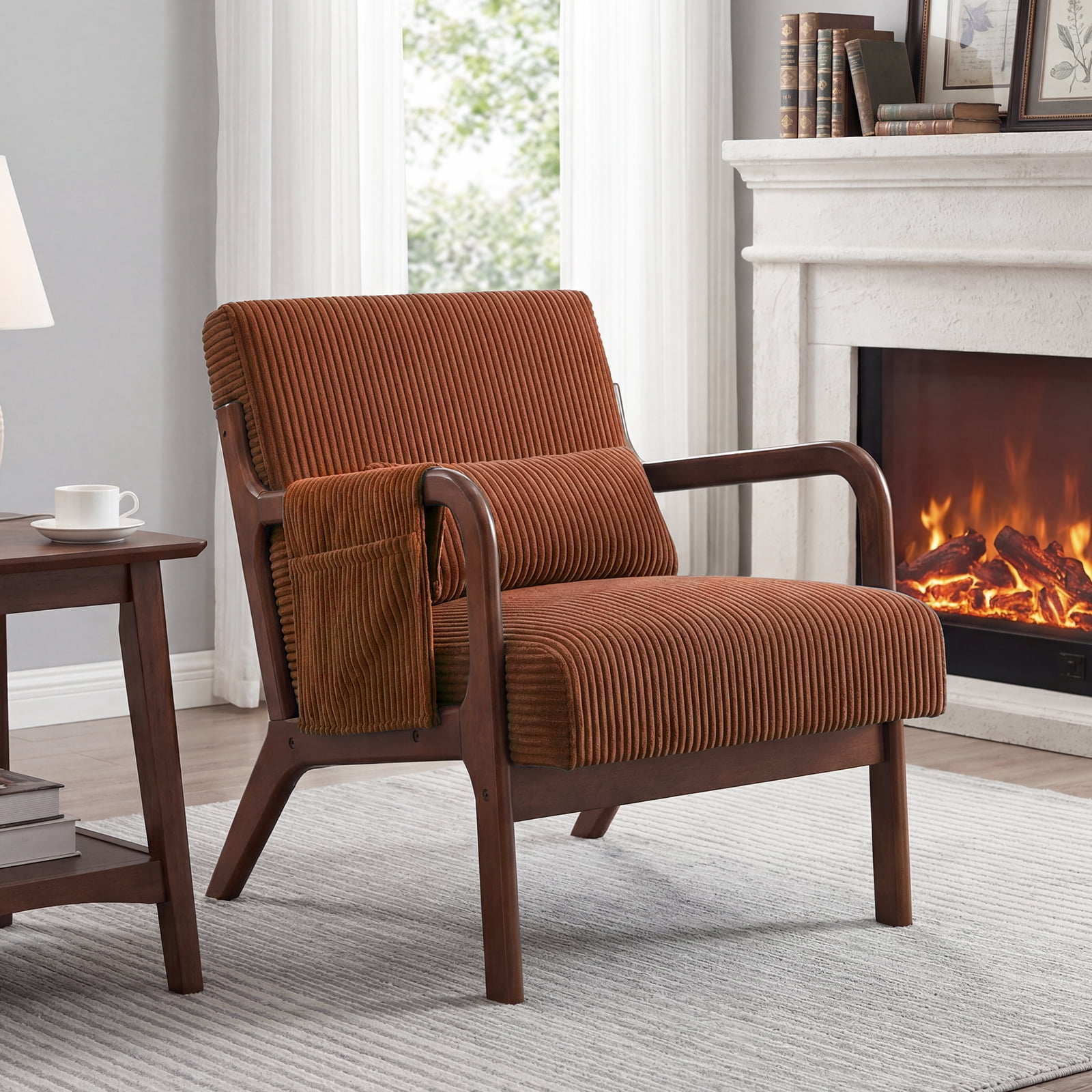 Mid Century Modern Accent Chair, Upholstered Comfy Armchair with Lumbar Pillow, Solid Wood Frame, Comfy Reading Chair for Living Room, Orange