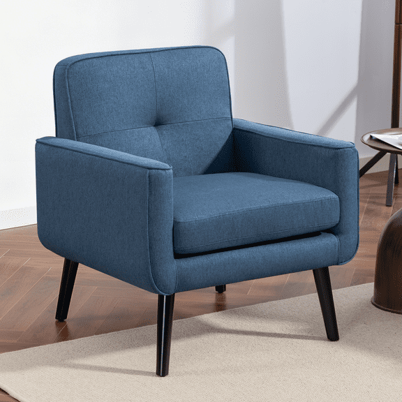 Mid-Century Modern Accent Chair Upholstered Fabric Armchair with Button Tufted Back and Wood Legs, Cozy Side Chair for Living Room, Bedroom, Office, or Cafe (Blue)