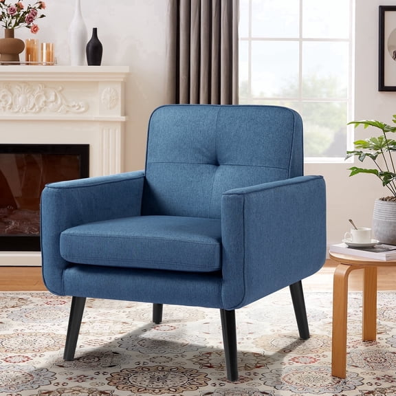 Upholstered Accent Chair, Mid Century Modern Fabric Armchair, Comfy Living Room Reading Chair with Thick Cushion for Bedroom Home Office (Blue)