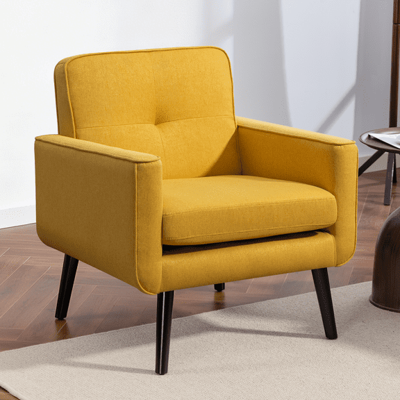 Mid-Century Modern Accent Chair Upholstered Fabric Armchair with Button Tufted Back and Wood Legs, Cozy Side Chair for Living Room, Bedroom, Office, or Cafe (Yellow)