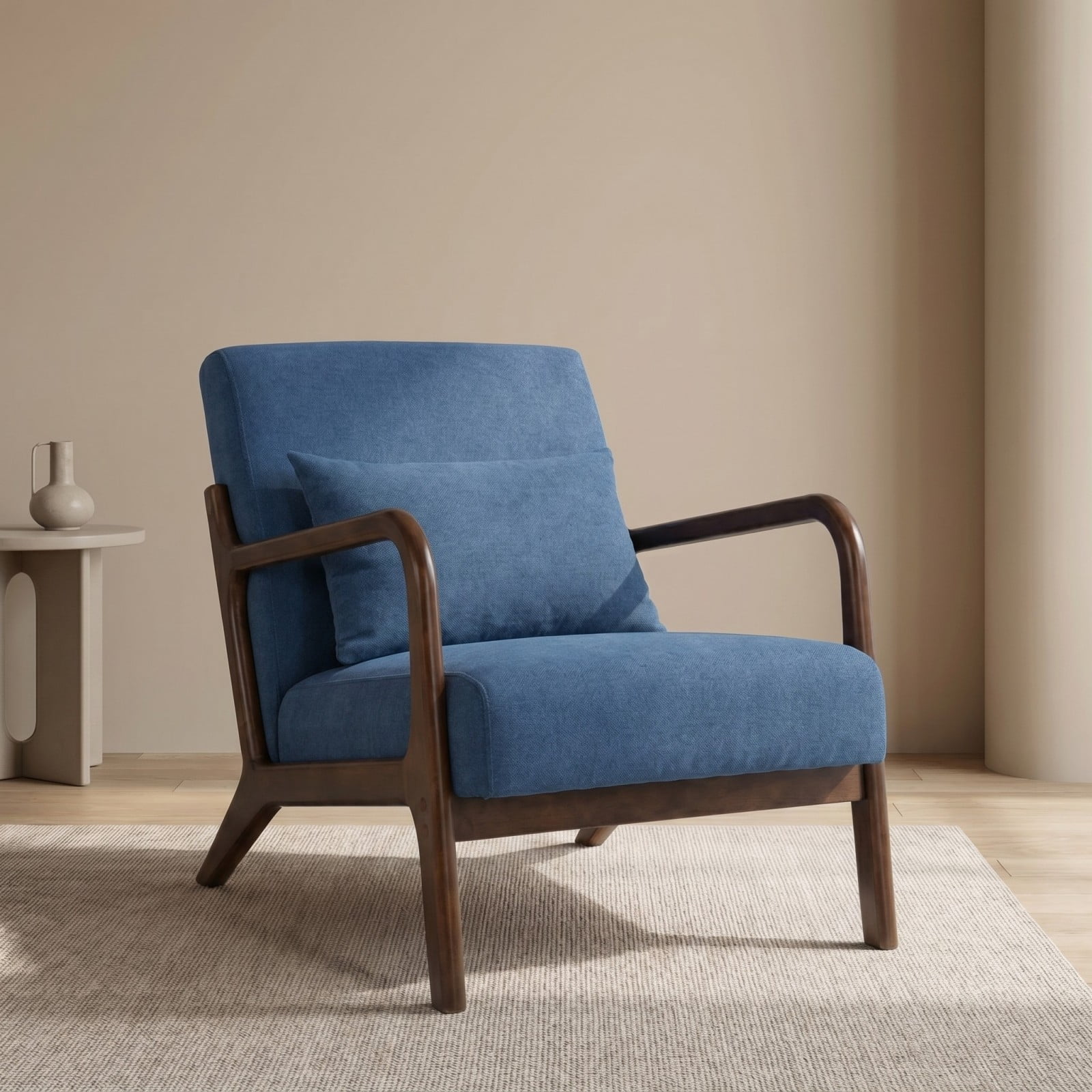 Mid Century Modern Accent Chair Upholstered Living Room Chair with Waist Cushion Wood Frame Reading Armchair for Bedroom Sunroom Indoor Lounge Chair, Dark Blue