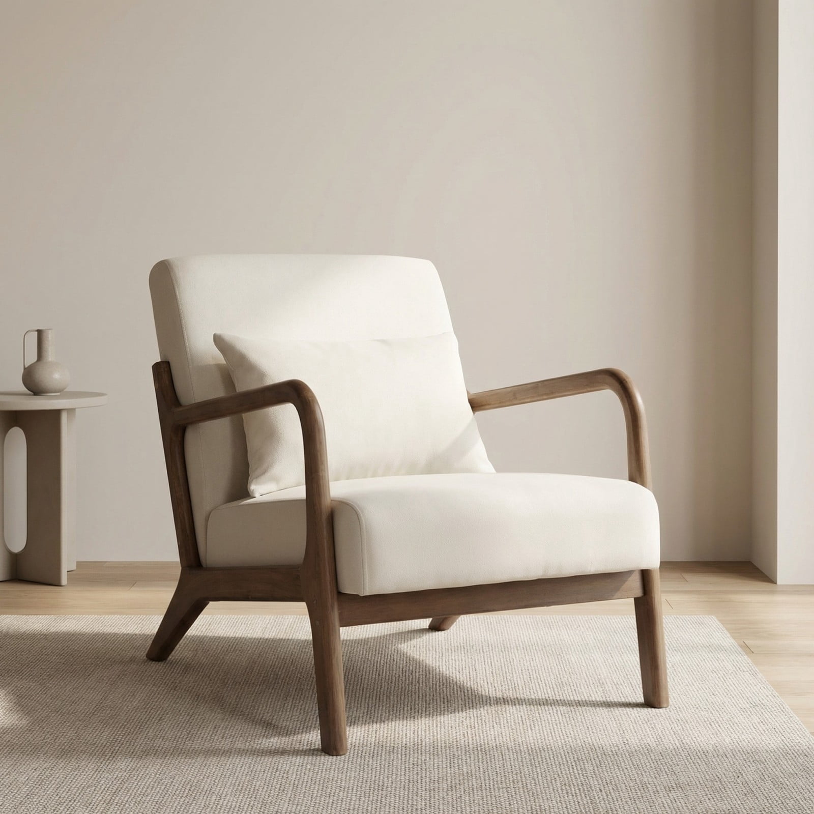 Mid Century Modern Accent Chair Upholstered Living Room Chair with Waist Cushion Wood Frame Reading Armchair for Bedroom Sunroom Indoor Lounge Chair, White
