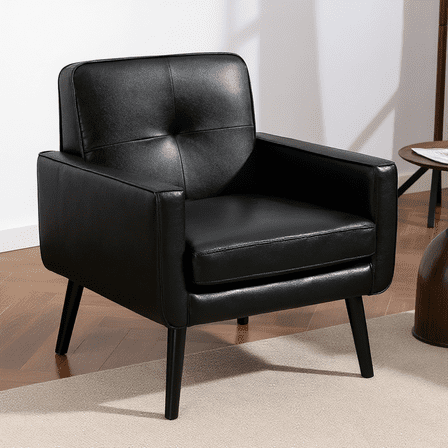 Mid-Century Modern Accent Chair Upholstered PU Leather Armchair with Button Tufted Back and Wood Legs, Cozy Side Chair for Living Room, Bedroom, Office, or Cafe (Black)