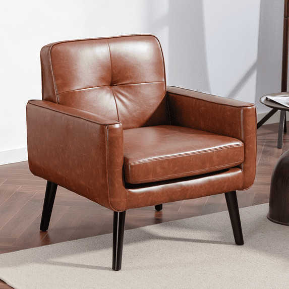 Mid-Century Modern Accent Chair Upholstered PU Leather Armchair with Button Tufted Back and Wood Legs, Cozy Side Chair for Living Room, Bedroom, Office, or Cafe (Caramel)