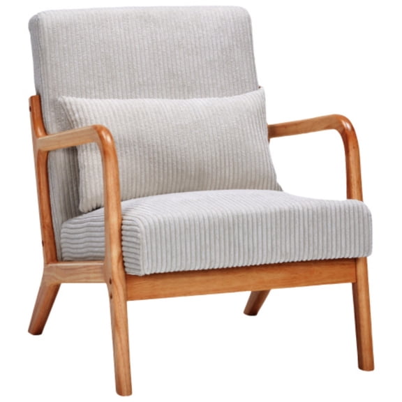 Mid-Century Modern Accent Chair, Upholstered Reading Arm Chair with Pillow, Solid Wood Frame Living Room Chair for Bedroom Balcony, Beige