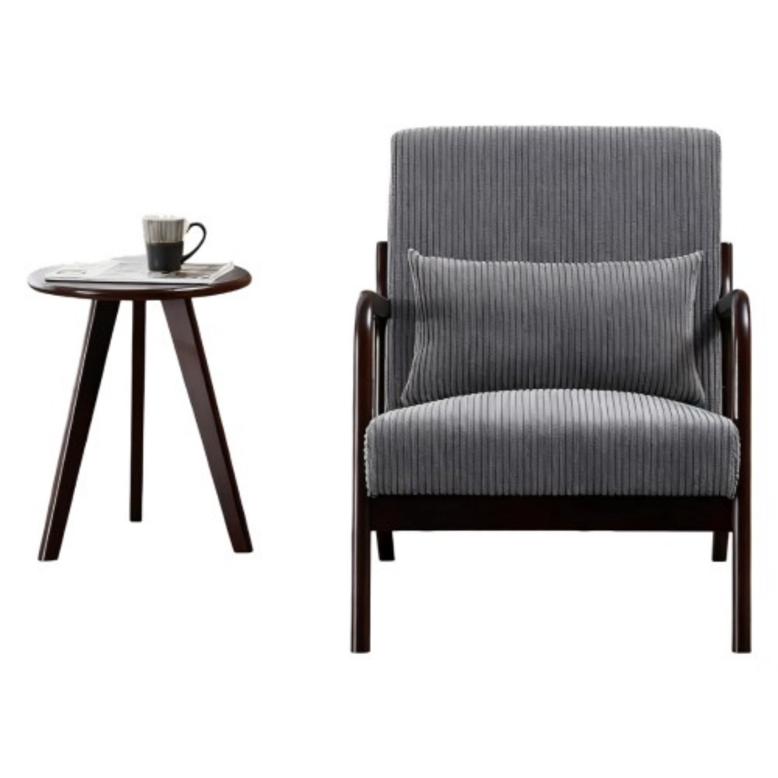 Mid-Century Modern Accent Chair, Upholstered Reading Arm Chair with Pillow, Solid Wood Frame Living Room Chair for Bedroom Balcony, Dark Grey