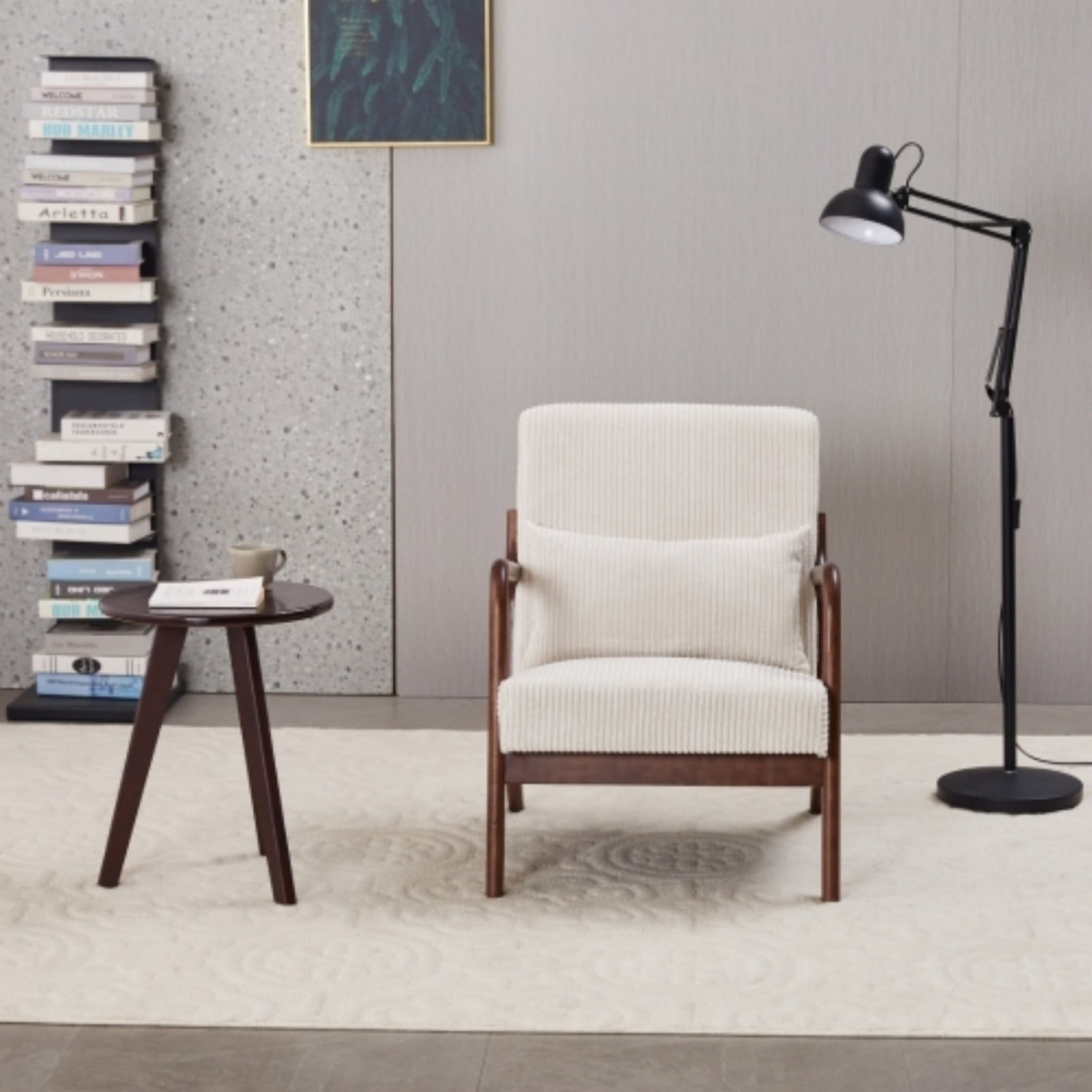 Mid-Century Modern Accent Chair, Upholstered Reading Arm Chair with Pillow, Solid Wood Frame Living Room Chair for Bedroom Balcony, White
