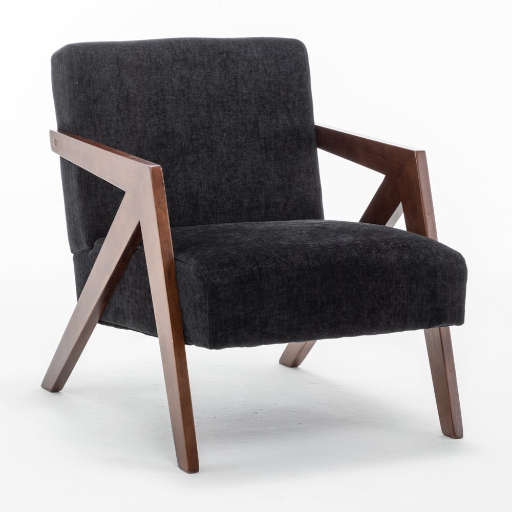 Mid Century Modern Accent Chair, Upholstered Reading Armchair with Rubber Wood Frame, Soft Fabric, Curved Arms for Living Room, Bedroom & Office, Black