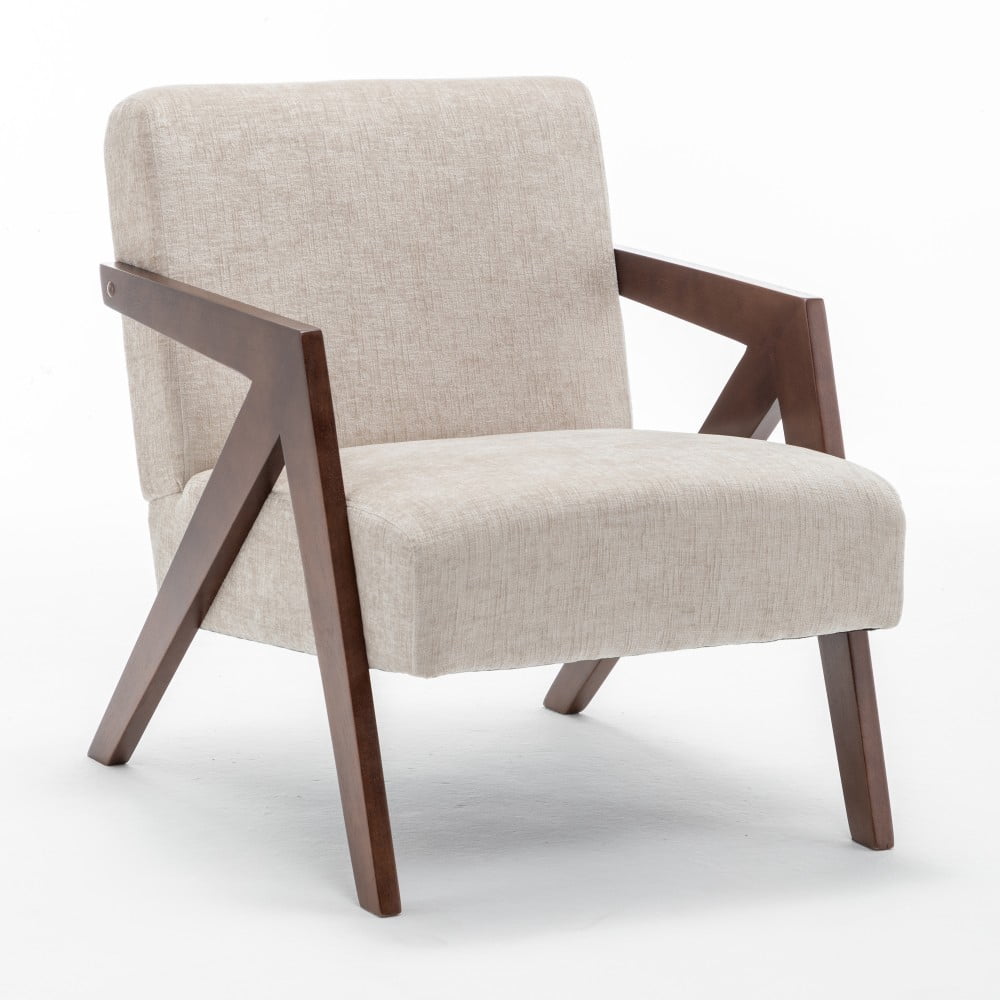 Mid Century Modern Accent Chair, Upholstered Reading Armchair with Rubber Wood Frame, Soft Fabric, Curved Arms for Living Room, Bedroom & Office, Greige