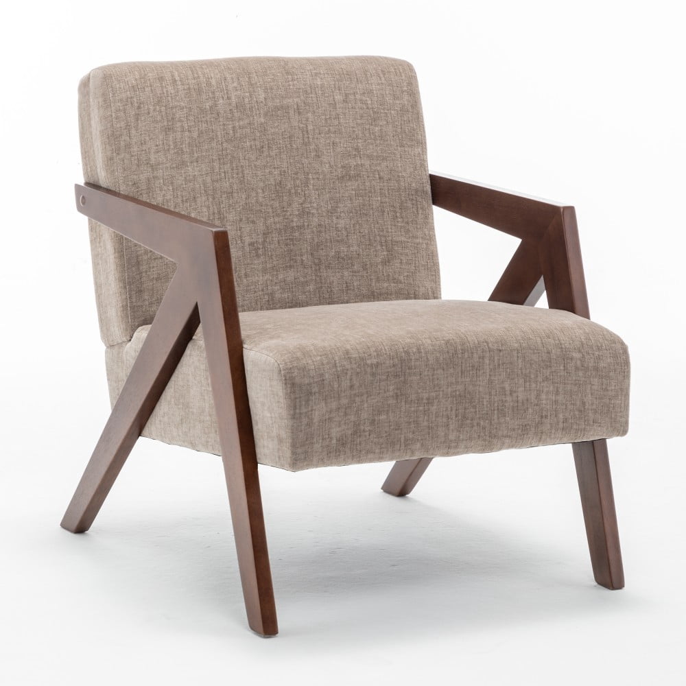 Mid Century Modern Accent Chair, Upholstered Reading Armchair with Rubber Wood Frame, Soft Fabric, Curved Arms for Living Room, Bedroom & Office, Light Coffee