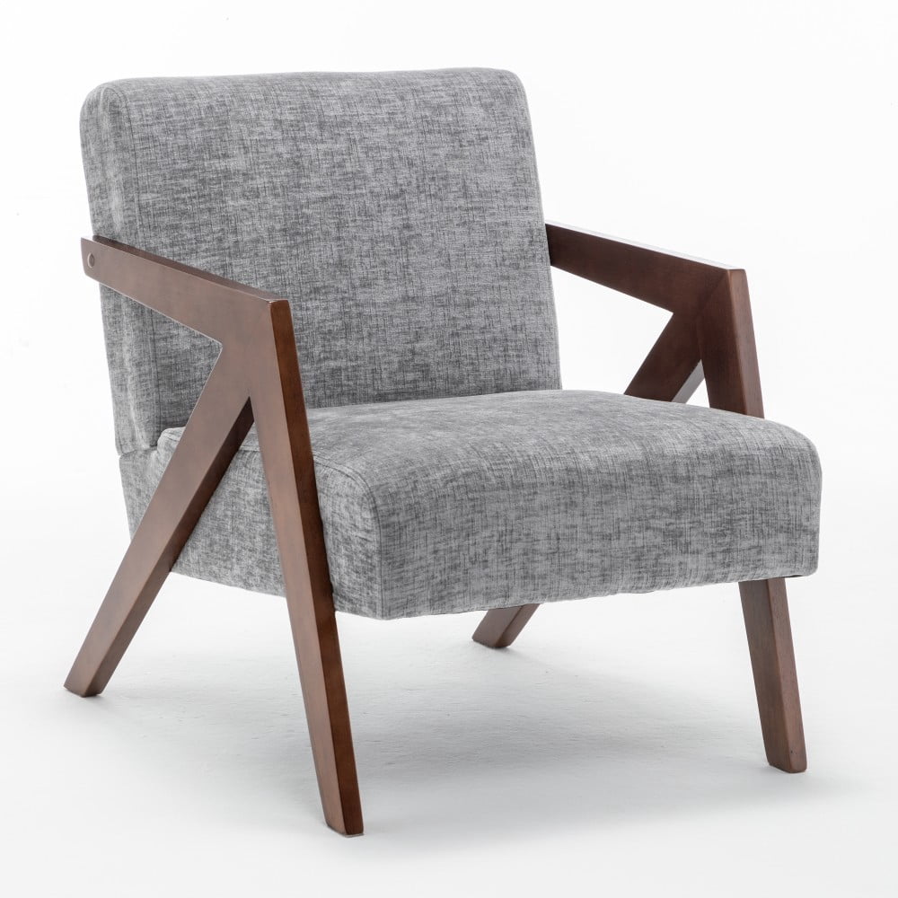 Mid Century Modern Accent Chair, Upholstered Reading Armchair with Rubber Wood Frame, Soft Fabric, Curved Arms for Living Room, Bedroom & Office, Light Gray