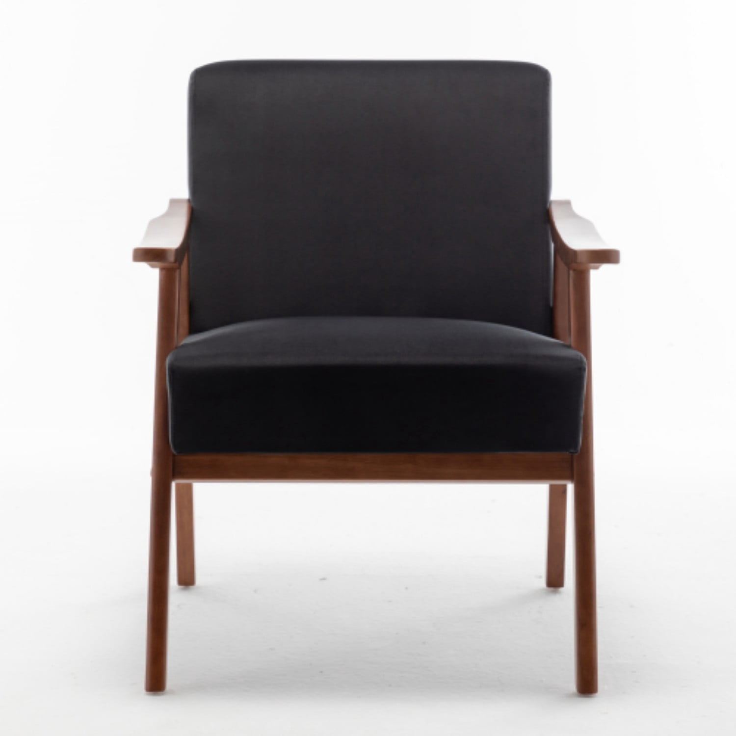 Mid-Century Modern Accent Chair, Upholstered Wingback Living Room Chair with Solid Rubber Wood Frame, Velvet Reading Chair with Thick Cushions for Bedroom, Lounge, Office, Indoor, Black