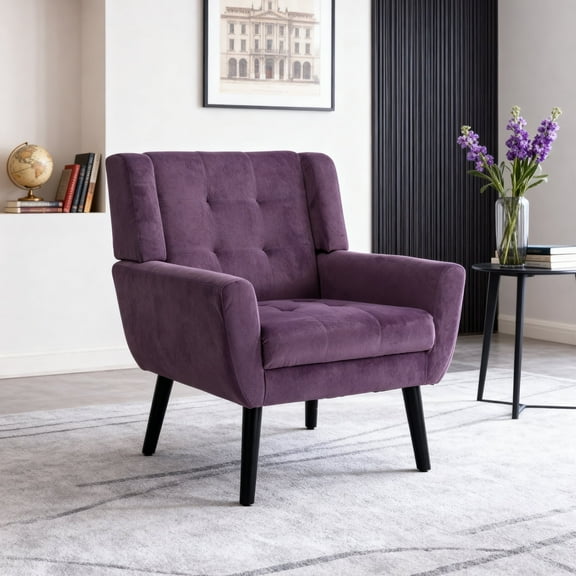 Mid Century Modern Tufted Upholstered Accent Reading Chair With Solid Wood Legs