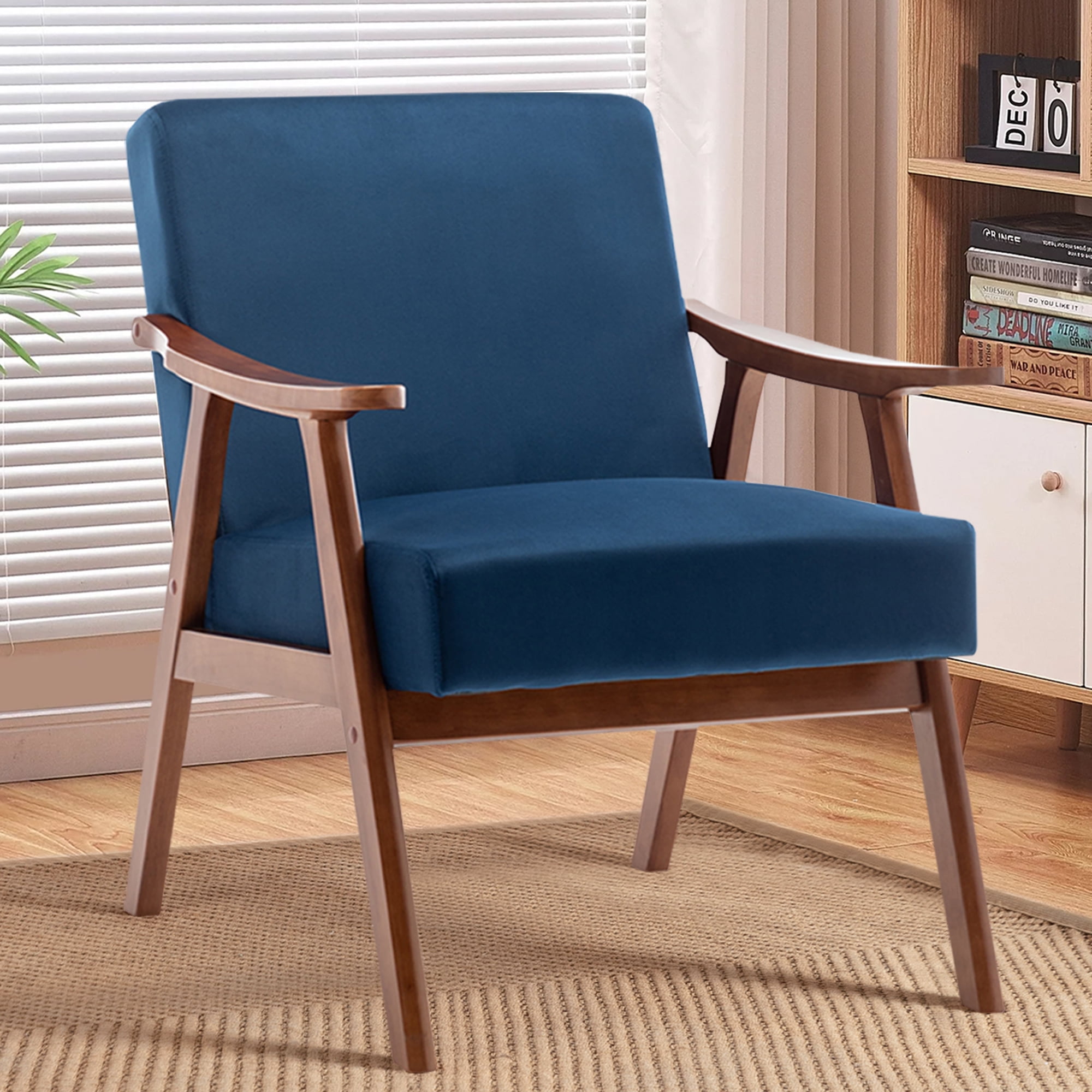 Mid-Century Modern Accent Chair,Velvet Upholstered Arm Chair with Solid Wood Frame & Extra-Thick Backrest,Single Sofa Armchair for Living Room, Bedroom, Balcont,Blue