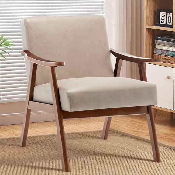 Mid-Century Modern Accent Chair,Velvet Upholstered Arm Chair with Solid Wood Frame & Extra-Thick Backrest,Single Sofa Armchair for Living Room, Bedroom, Balcont,Light Camel