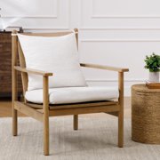 Mid Century Modern Accent Chair with Wood Arms and Legs, Upholstered Linen Living Room Accent Chairs with Removable Cushion, Armchair Reading Chair, Beige
