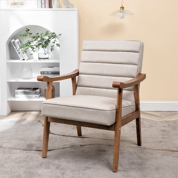 Micros Open Key Mid-Century Modern Accent Chair with Open-Framed Arms, Beige Microfiber ...