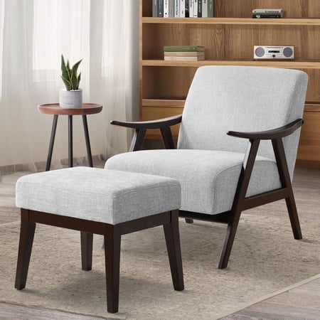 Mid-Century Modern Accent Chair with Ottoman, Linen Upholstered Armchair with Footrest for Living Room Bedroom Apartment