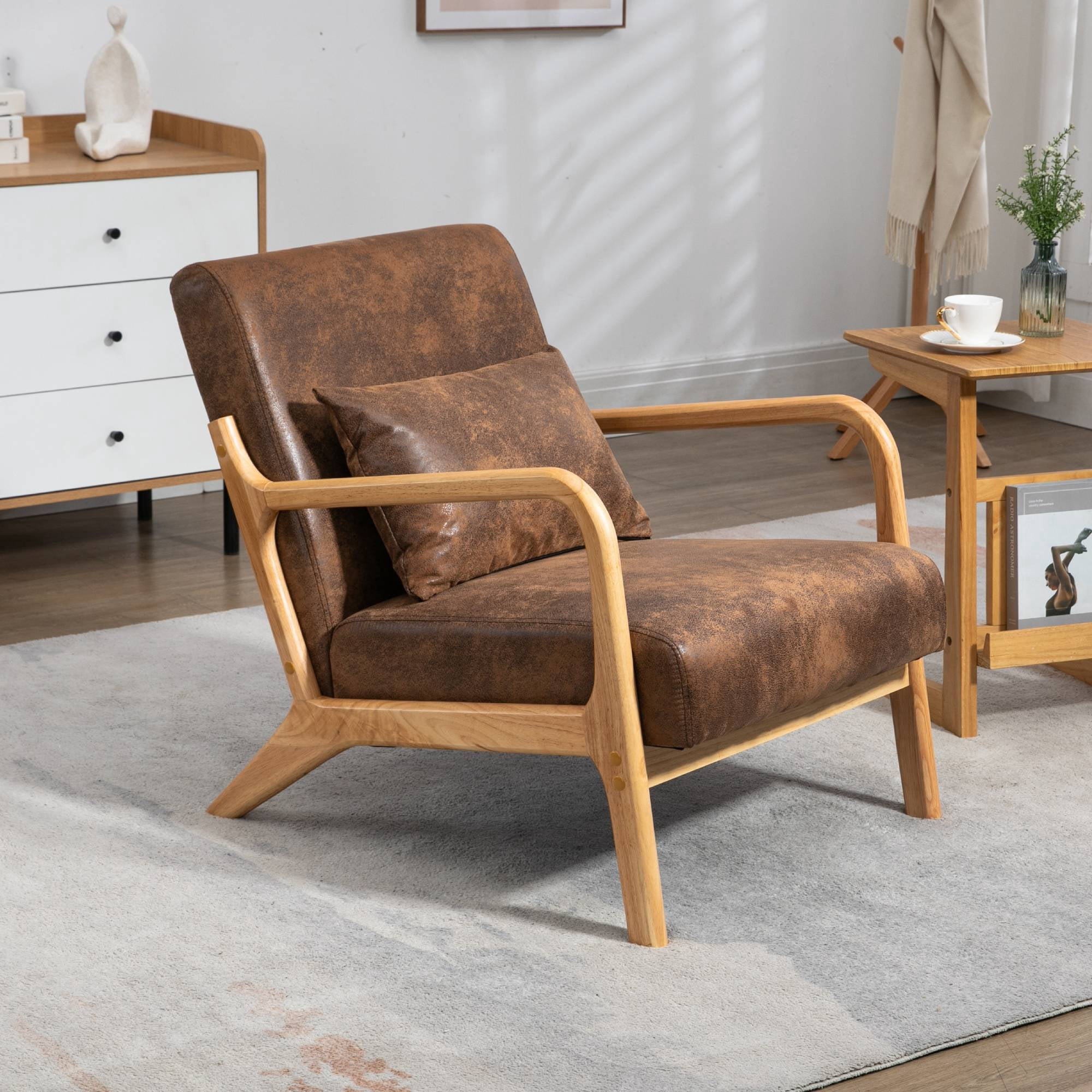 Mid-Century Modern Accent Chair with Pillow Linen Lounge Arm Chair Comfy Reading Chair with Solid Wood Frame for Living Room, Bedroom, Brown