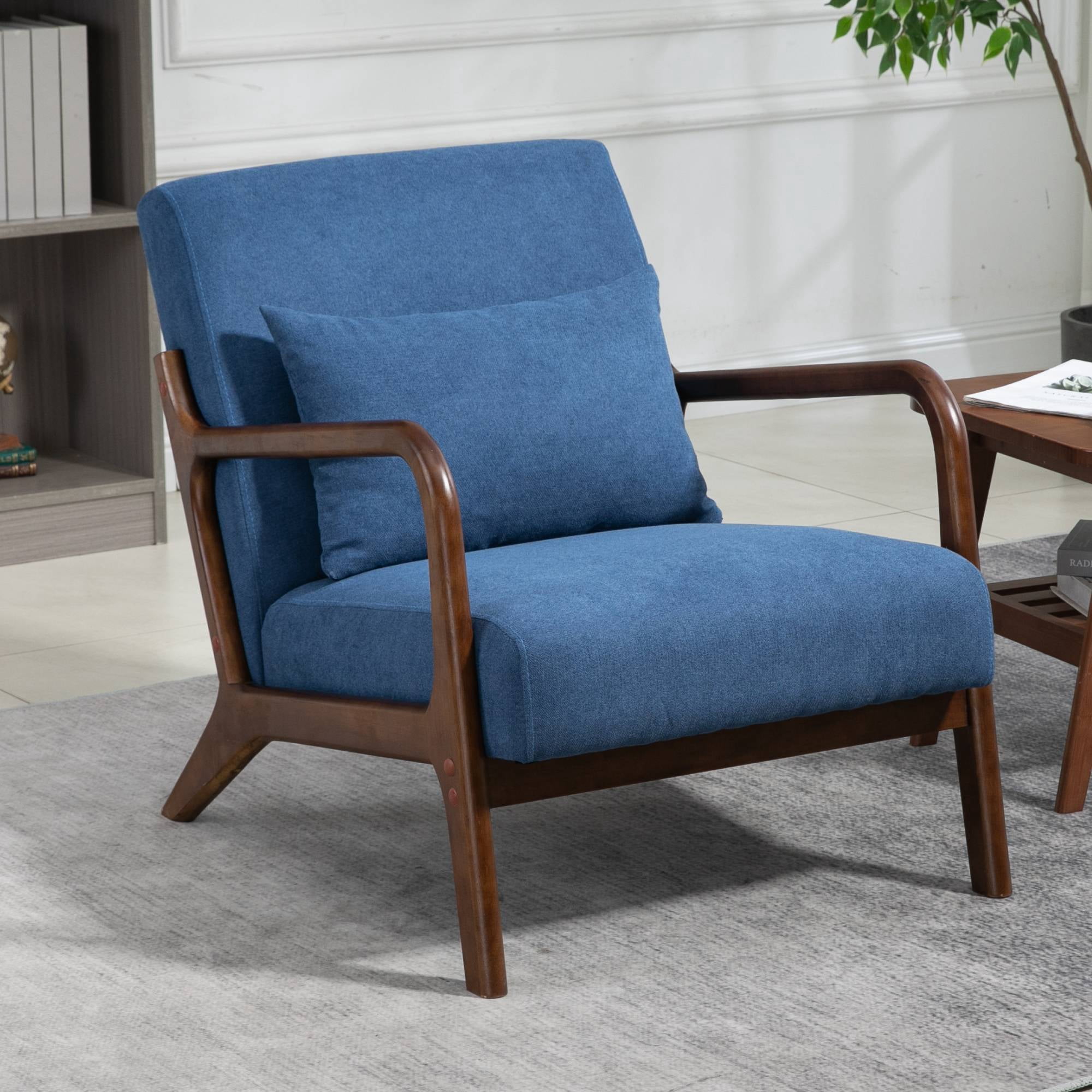 Mid-Century Modern Accent Chair with Pillow Velvet Lounge Arm Chair Comfy Reading Chair with Solid Wood Frame for Living Room, Bedroom, Blue