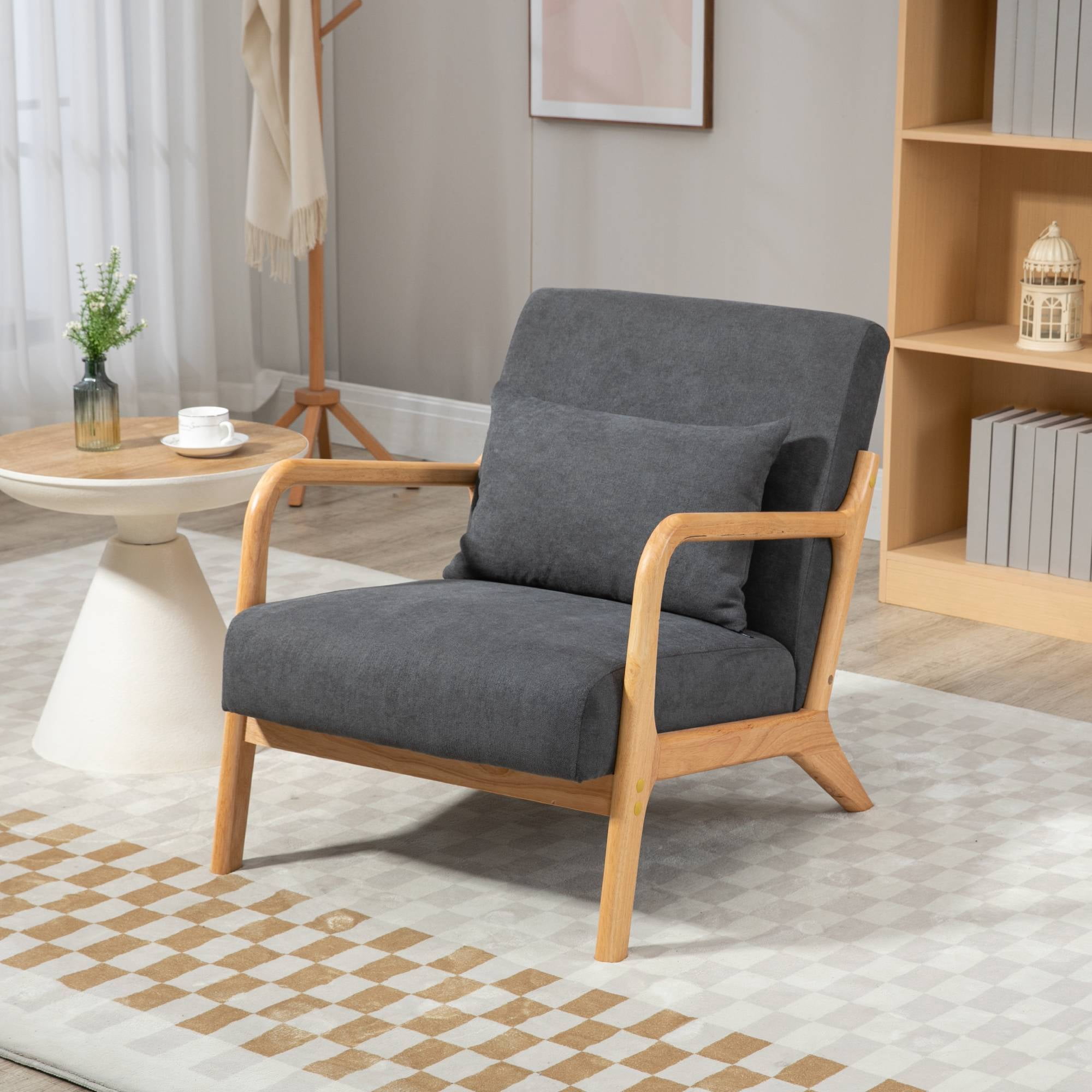 Mid-Century Modern Accent Chair with Pillow Velvet Lounge Arm Chair Comfy Reading Chair with Solid Wood Frame for Living Room, Bedroom, Dark Grey