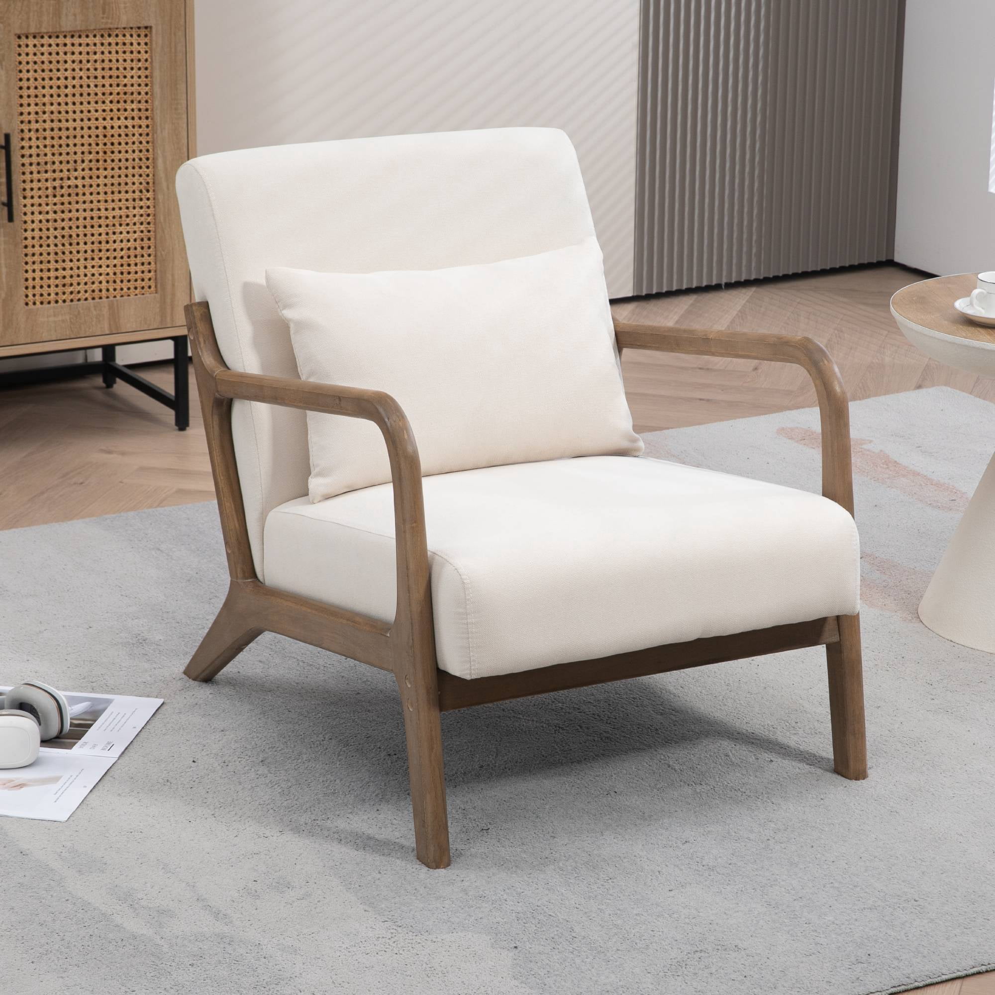 Mid-Century Modern Accent Chair with Pillow Velvet Lounge Arm Chair Comfy Reading Chair with Solid Wood Frame for Living Room, Bedroom, Dark Grey