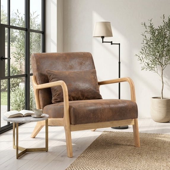 Mid-Century Modern Accent Chair with Solid Rubberwood Frame and Waist Cushion, Antique Brown