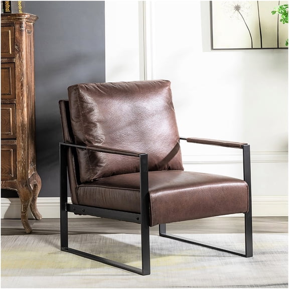 Mid Century Modern Accent Chair with Square Metal Frame, Dark Brown Microfiber Upholstered Armchair for Living Room, Bedroom or Office