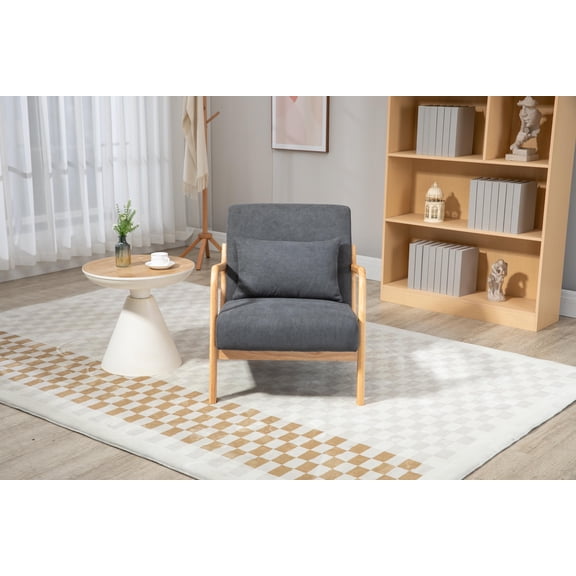 Mid-Century Modern Accent Chair with Waist Cushion – Grey Cotton Linen Upholstered Reading Armchair for Living Room, Bedroom & Sunroom