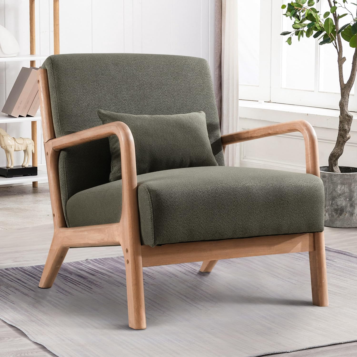 Image showcasing Mid Century Modern Accent Chair with Wood Frame, Upholstered Living ...