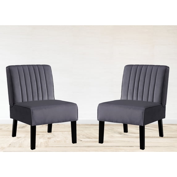 Mid Century Modern Accent Chairs, Of 2 In Grey Velvet And Solid Wood Leg Base 2 With Structure